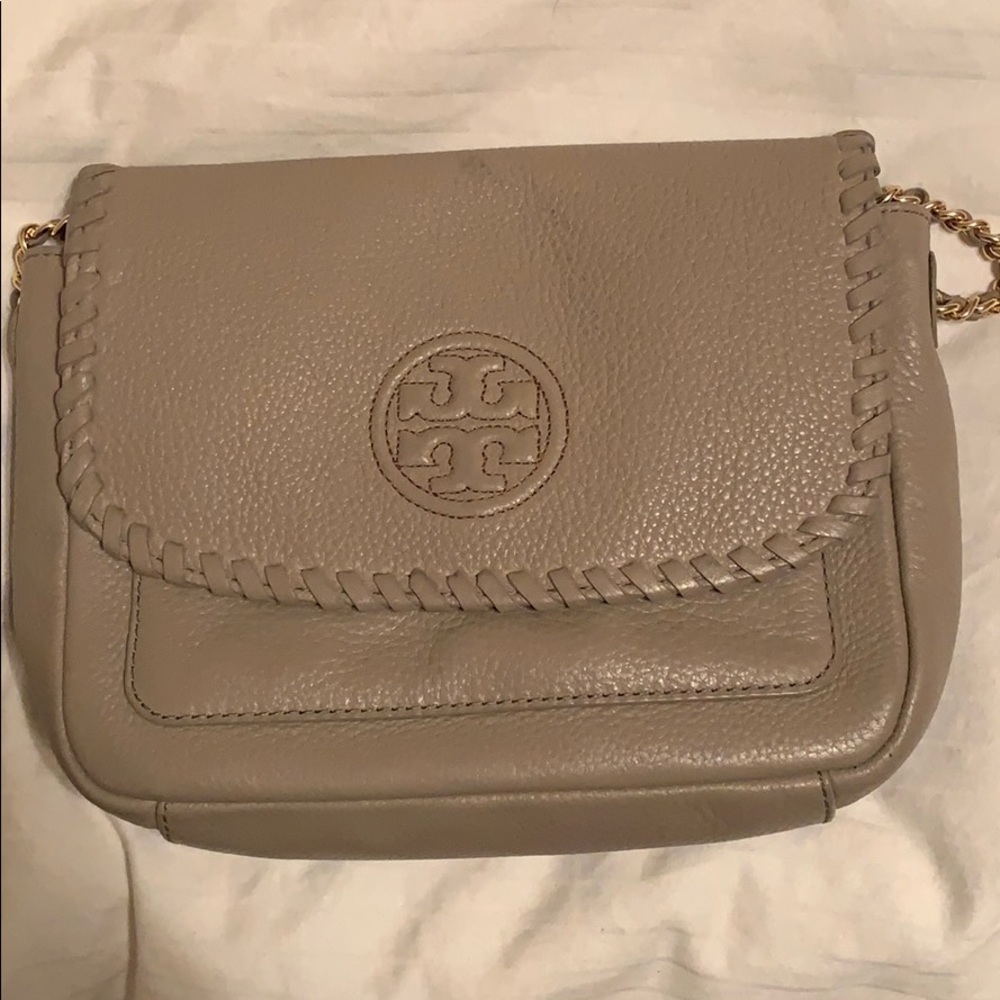 Tory Burch Taupe Leather Crossbody Bag with Gold Chain